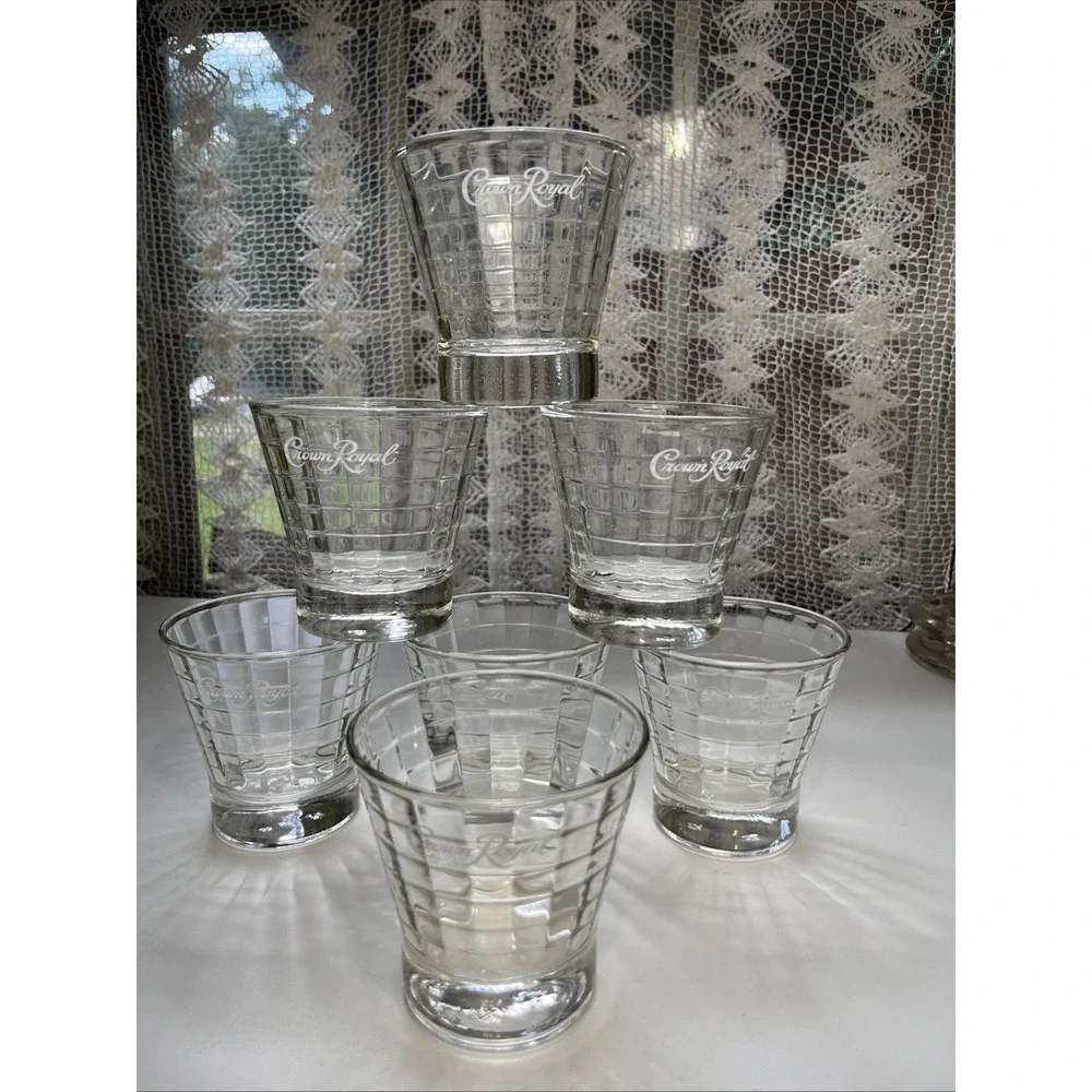 Crown Royal Optic Block Retro Whiskey Low Ball Glass Tumbler Set of 7